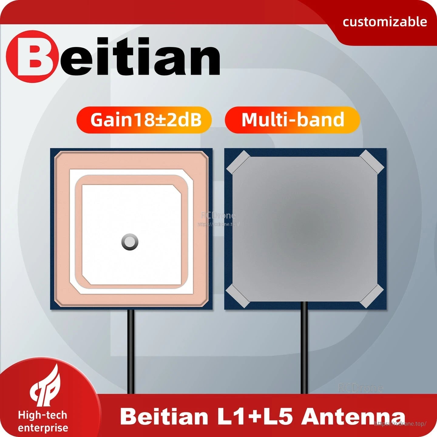 Beitian antenna graphic showing dual square modules, labeled multi-band and gain 18±2 dB