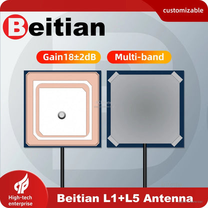 Beitian antenna graphic showing dual square modules, labeled multi-band and gain 18±2 dB