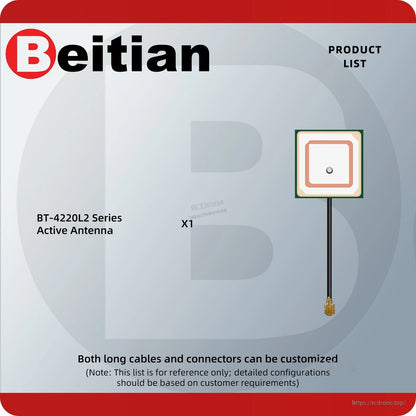 Product list graphic showing BT-4220L2 series active antenna with cable and small RF connector
