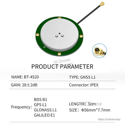 Product parameter sheet for round BT-4520 GNSS L1 antenna with IPEX connector, 56 mm diameter size