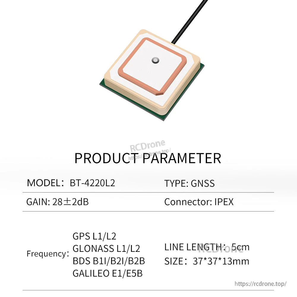 Product parameter sheet for BT-4220L2 GNSS antenna with IPEX connector, 5 cm lead, 37×37×13 mm size