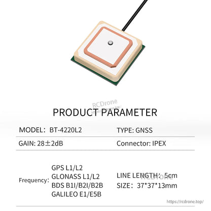 Product parameter sheet for BT-4220L2 GNSS antenna with IPEX connector, 5 cm lead, 37×37×13 mm size