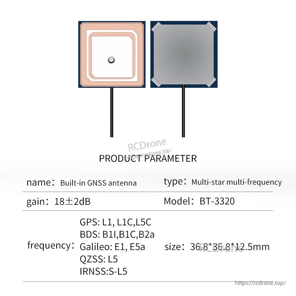 Product parameter sheet for BT-3320 built-in GNSS antenna, gain 18±2 dB, multi-frequency list and size