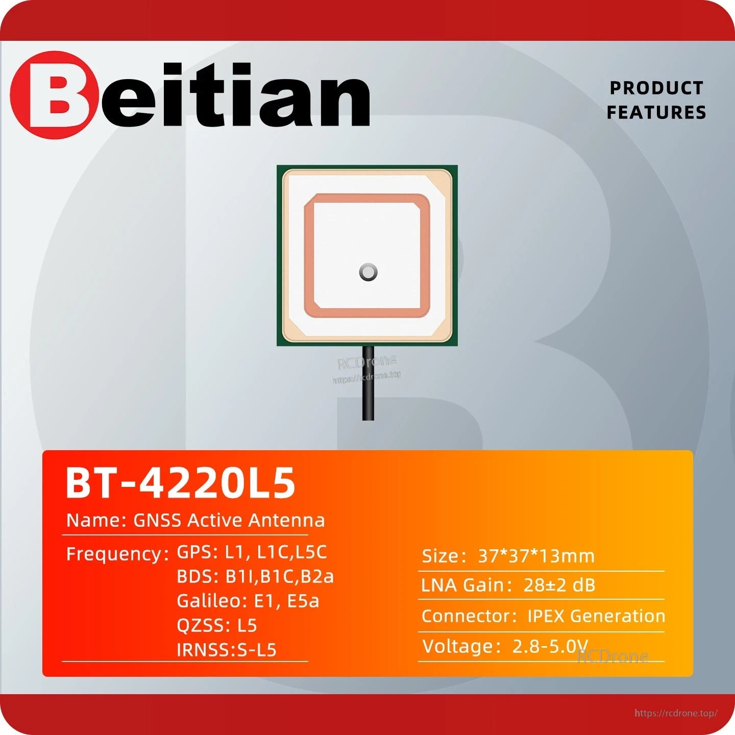 Beitian BT-4220L5 GNSS active antenna feature card with listed frequencies, size and IPEX connector
