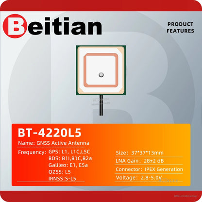Beitian BT-4220L5 GNSS active antenna feature card with listed frequencies, size and IPEX connector
