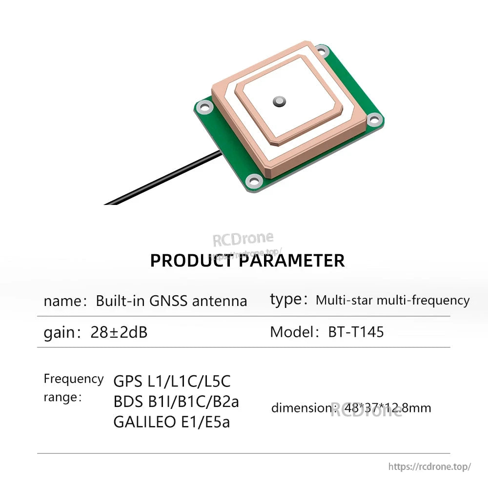 Product parameter sheet for Beitian BT-T145 built-in GNSS antenna, gain 28±2 dB, size shown