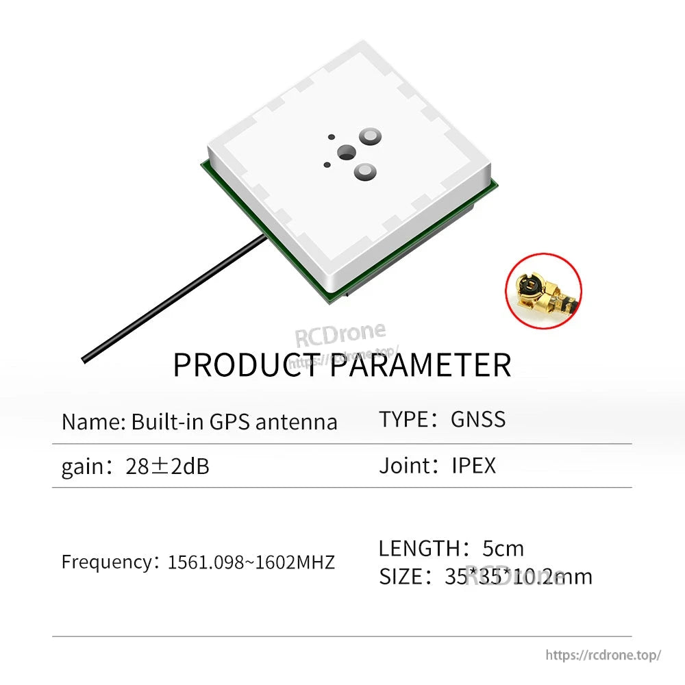 GNSS patch antenna parameter graphic with IPEX joint and connector close-up, 5 cm cable length shown