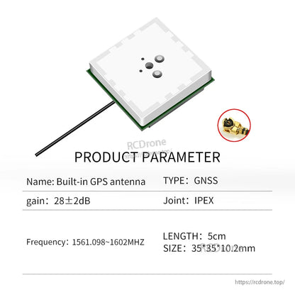 GNSS patch antenna parameter graphic with IPEX joint and connector close-up, 5 cm cable length shown