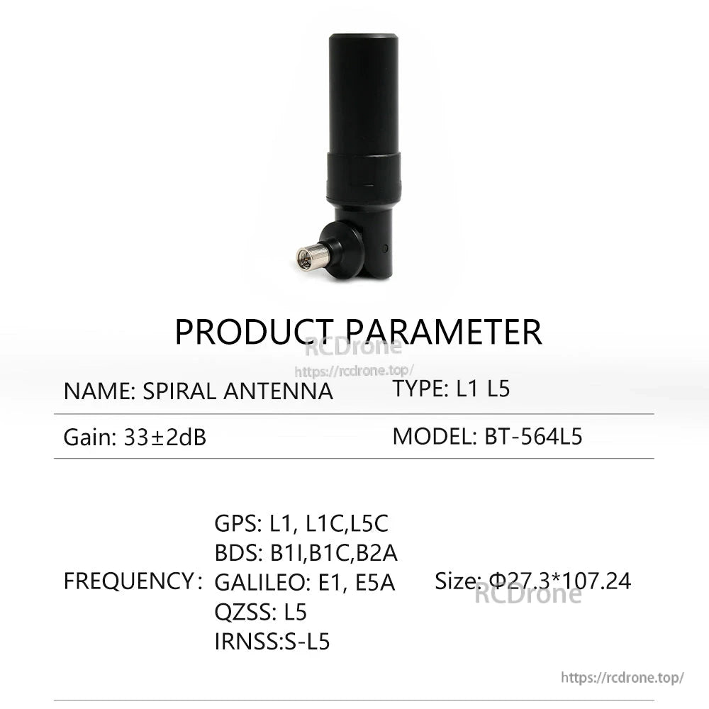 BT-564L5 product parameter table listing L1/L5 type, model BT-564L5, gain, size, frequencies