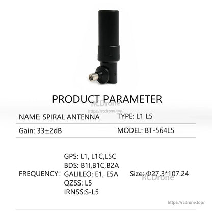 BT-564L5 product parameter table listing L1/L5 type, model BT-564L5, gain, size, frequencies