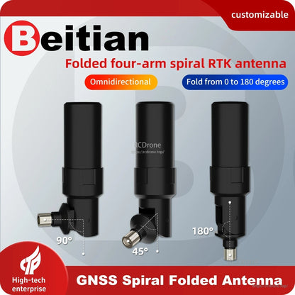Graphic showing BT-564 GNSS spiral folded antenna angles (0–180°) and omnidirectional design