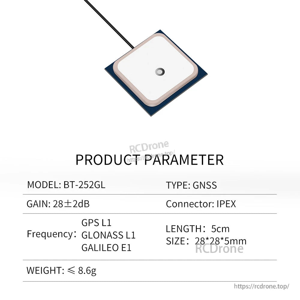 BT-252GL product parameter chart for GNSS patch antenna with GPS/GLONASS/GALILEO, 28×28×5mm
