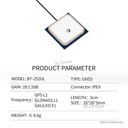 BT-252GL product parameter chart for GNSS patch antenna with GPS/GLONASS/GALILEO, 28×28×5mm