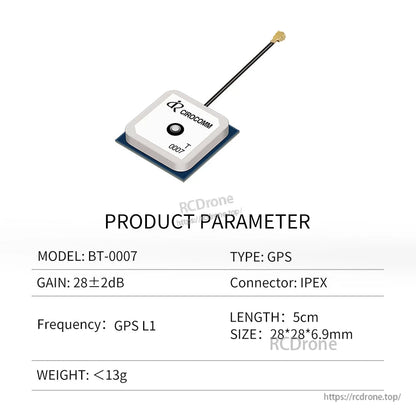 BT-0007 product parameter chart for GPS patch antenna, 5cm cable, IPEX connector, weight <13g