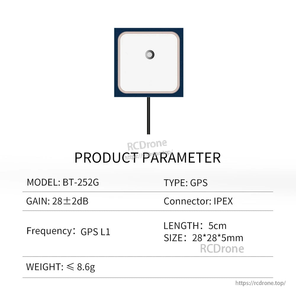 BT-252G product parameter chart for GPS patch antenna, 28×28×5mm, 5cm lead, IPEX, weight ≤8.6g