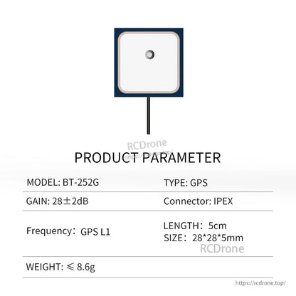 BT-252G product parameter chart for GPS patch antenna, 28×28×5mm, 5cm lead, IPEX, weight ≤8.6g