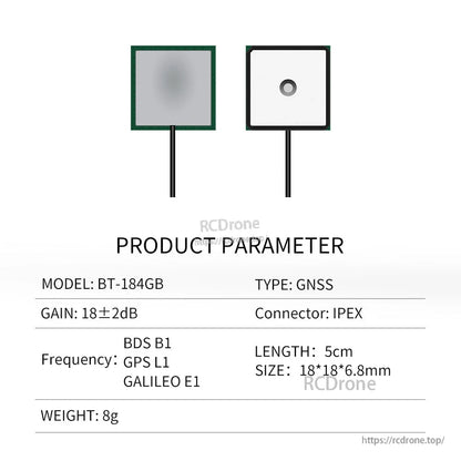 BT-184GB product parameter chart for GNSS patch antenna with BDS B1/GPS L1/GALILEO E1, 18×18×6.8mm