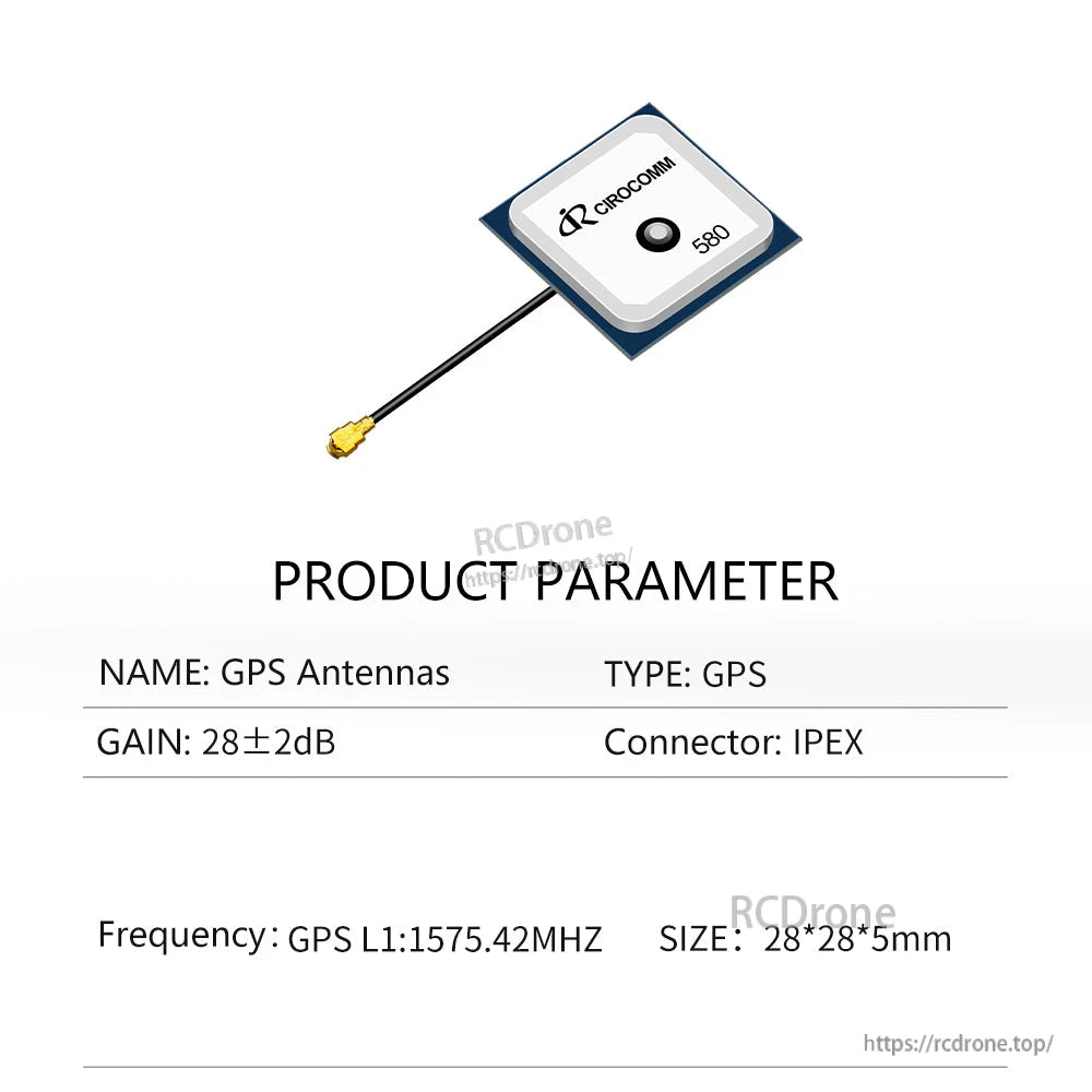 Product parameter table for GPS antenna: gain 28±2 dB, GPS L1 1575.42MHz, IPEX, 28×28×5mm