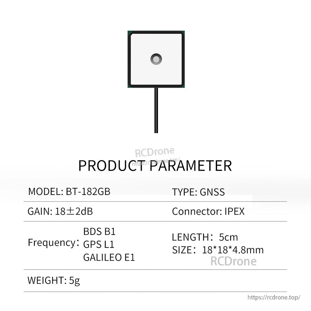 BT-182GB product parameter chart for GNSS patch antenna with BDS B1/GPS L1/GALILEO E1, 18×18×4.8mm