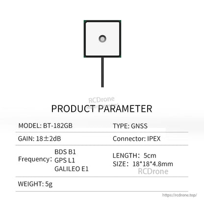 BT-182GB product parameter chart for GNSS patch antenna with BDS B1/GPS L1/GALILEO E1, 18×18×4.8mm