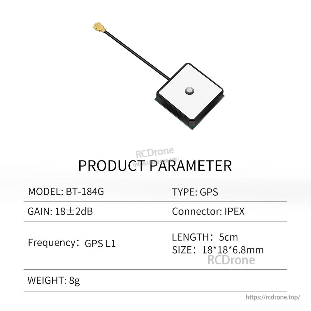 BT-184G product parameter chart for GPS patch antenna, 18×18×6.8mm, 5cm lead, IPEX connector