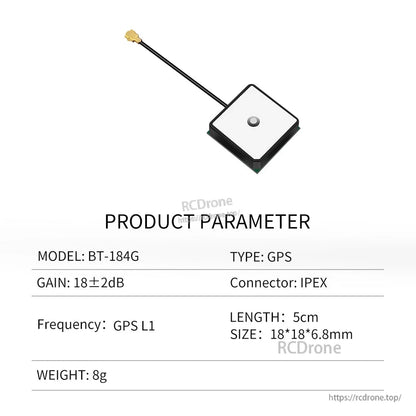 BT-184G product parameter chart for GPS patch antenna, 18×18×6.8mm, 5cm lead, IPEX connector