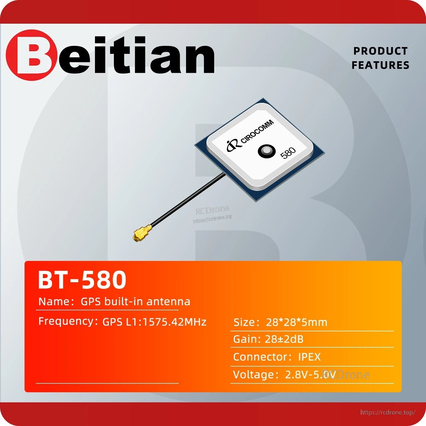 BT-580 GPS L1 built-in antenna feature card with frequency, size 28×28×5mm and IPEX connector