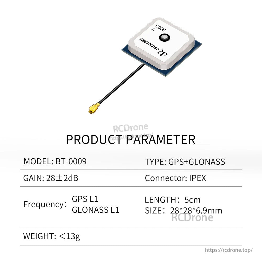 BT-0009 product parameter chart for GPS+GLONASS patch antenna, 5cm cable, IPEX, weight <13g