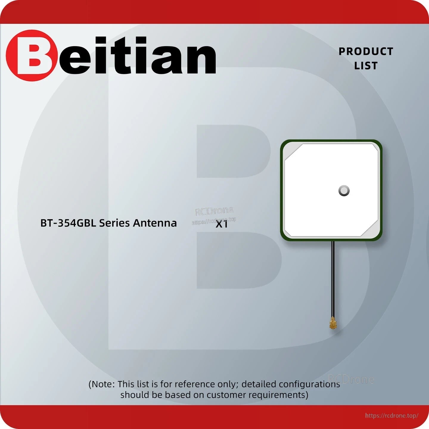 Product list graphic showing BT-354GBL series antenna quantity x1 with cable
