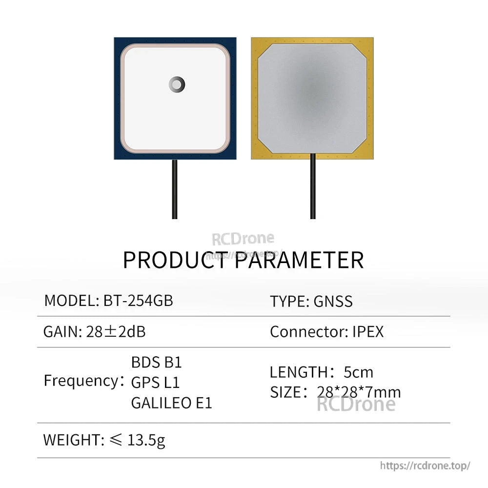 Beitian BT-254GB 28×28mm GNSS ceramic patch antenna with 5cm IPEX cable, showing front and back views