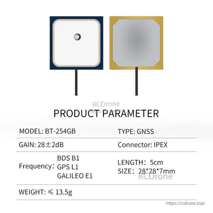 Beitian BT-254GB 28×28mm GNSS ceramic patch antenna with 5cm IPEX cable, showing front and back views