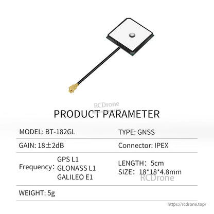 BT-182GL product parameter chart for GNSS patch antenna with GPS/GLONASS/GALILEO, 18×18×4.8mm
