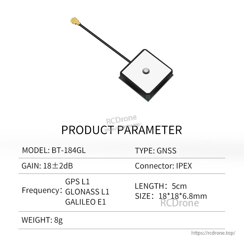 BT-184GL product parameter chart for GNSS patch antenna with GPS/GLONASS/GALILEO, 18×18×6.8mm