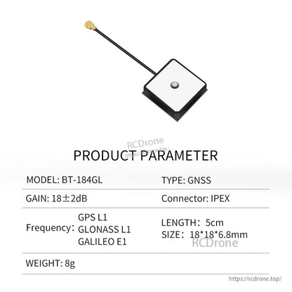 BT-184GL product parameter chart for GNSS patch antenna with GPS/GLONASS/GALILEO, 18×18×6.8mm