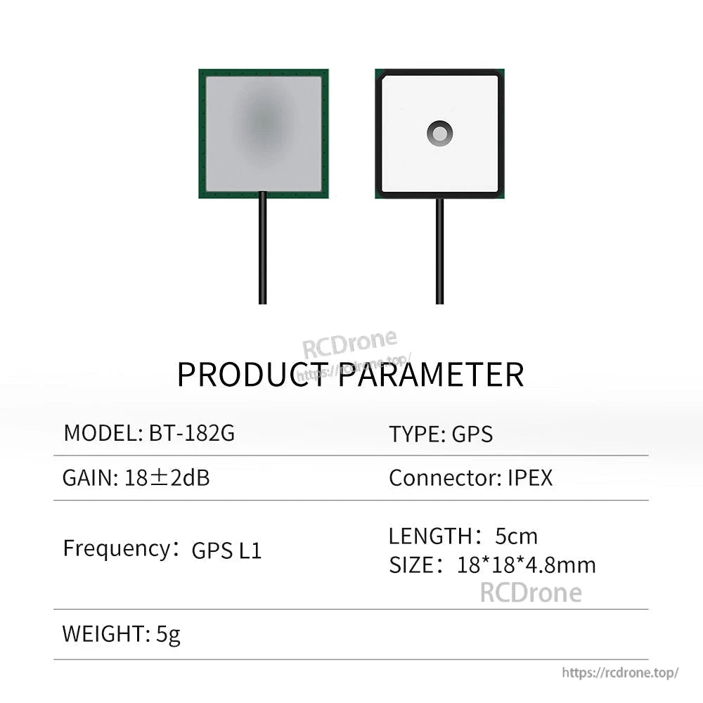 BT-182G product parameter chart for small GPS patch antenna, 18×18×4.8mm, 5cm lead, IPEX