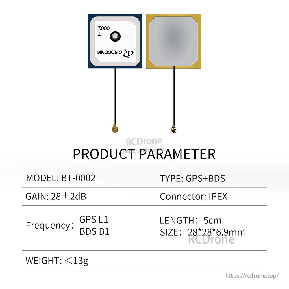 BT-0002 product parameter chart showing GPS+BDS patch antenna, 5cm lead and IPEX connector