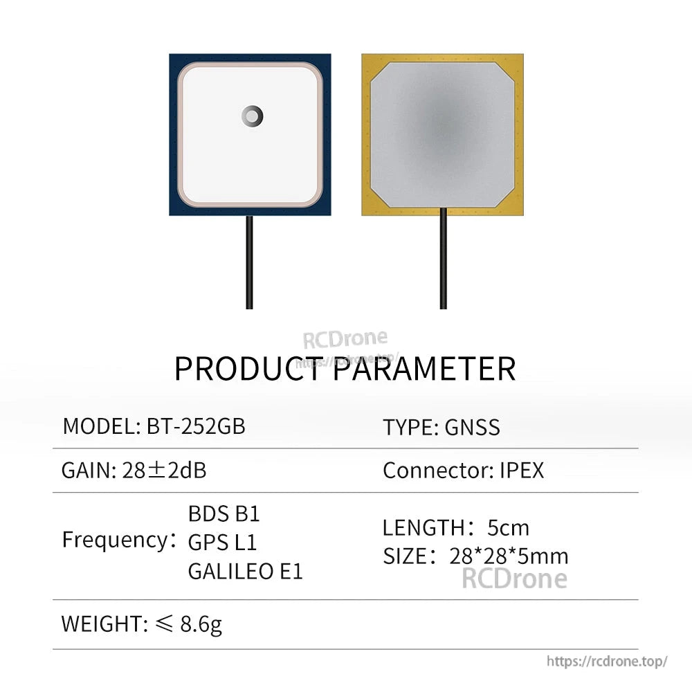 BT-252GB product parameter chart for GNSS patch antenna with BDS B1/GPS L1/GALILEO E1, 28×28×5mm