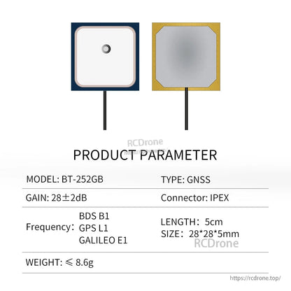 BT-252GB product parameter chart for GNSS patch antenna with BDS B1/GPS L1/GALILEO E1, 28×28×5mm