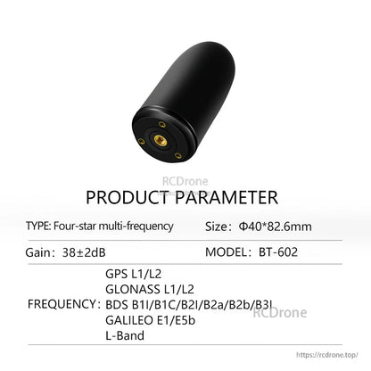 BT-602 product parameter chart showing size Φ40×82.6 mm, gain 38±2 dB, GPS/GLONASS/BDS/Galileo