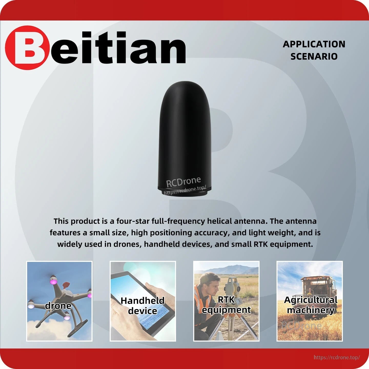 GNSS helical antenna application scenario graphic for drone, handheld device, RTK equipment and agriculture