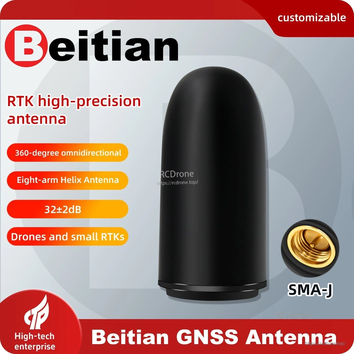 Beitian BT-602/BT-603 Helical GNSS Antenna promo graphic showing SMA-J connector and RTK antenna text