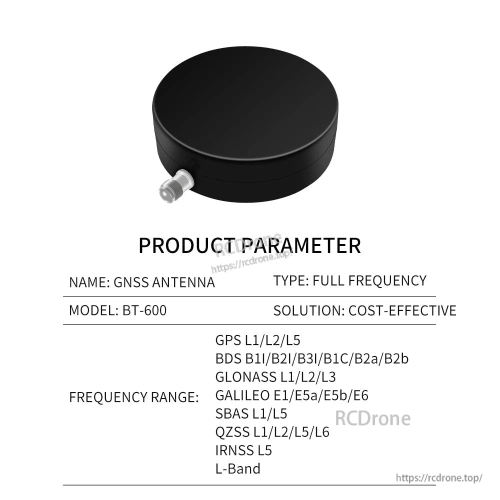 BT-600 product parameter table for full frequency GNSS antenna, listing GPS/BDS/GLONASS/GALILEO bands