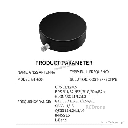 BT-600 product parameter table for full frequency GNSS antenna, listing GPS/BDS/GLONASS/GALILEO bands
