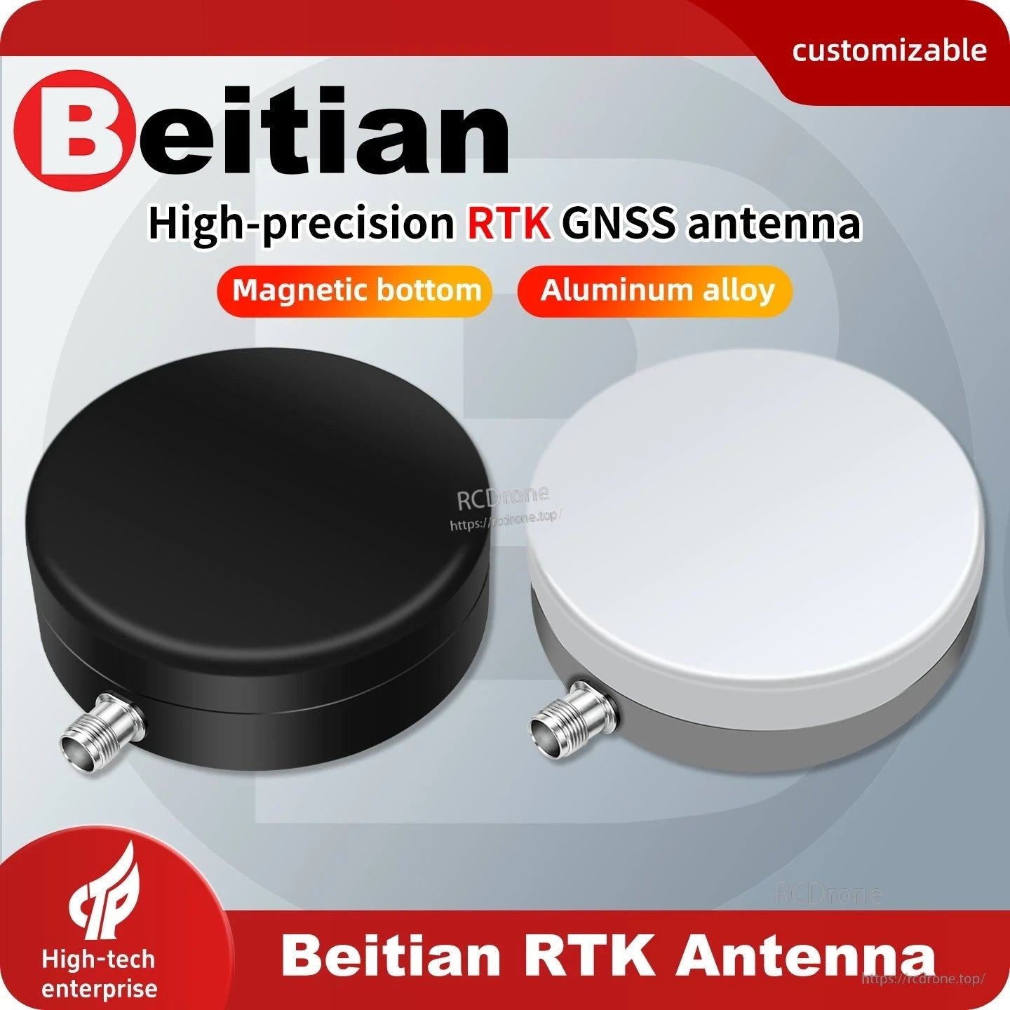 Beitian high-precision RTK GNSS antenna promo graphic showing magnetic bottom and aluminum alloy housing