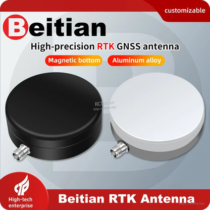 Beitian high-precision RTK GNSS antenna promo graphic showing magnetic bottom and aluminum alloy housing