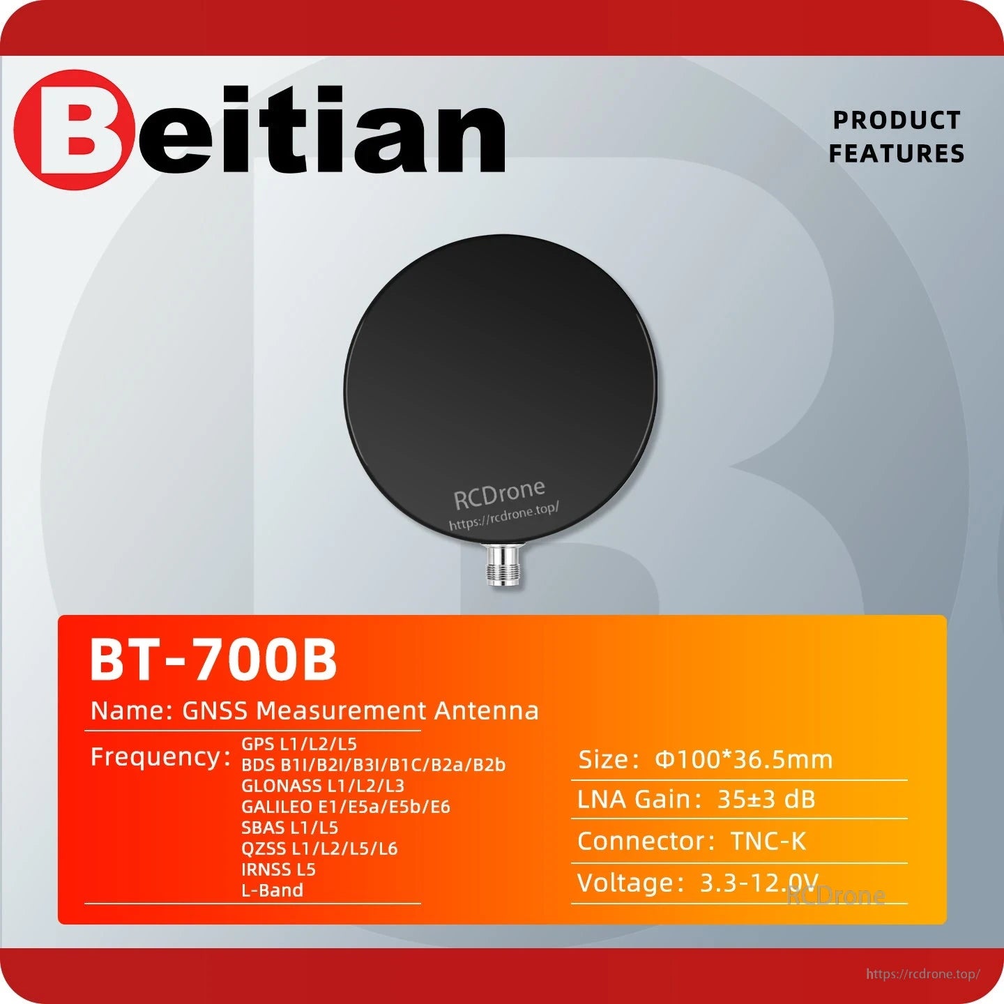 BT-700B product features card with size, LNA gain, connector (TNC-K), and voltage specifications