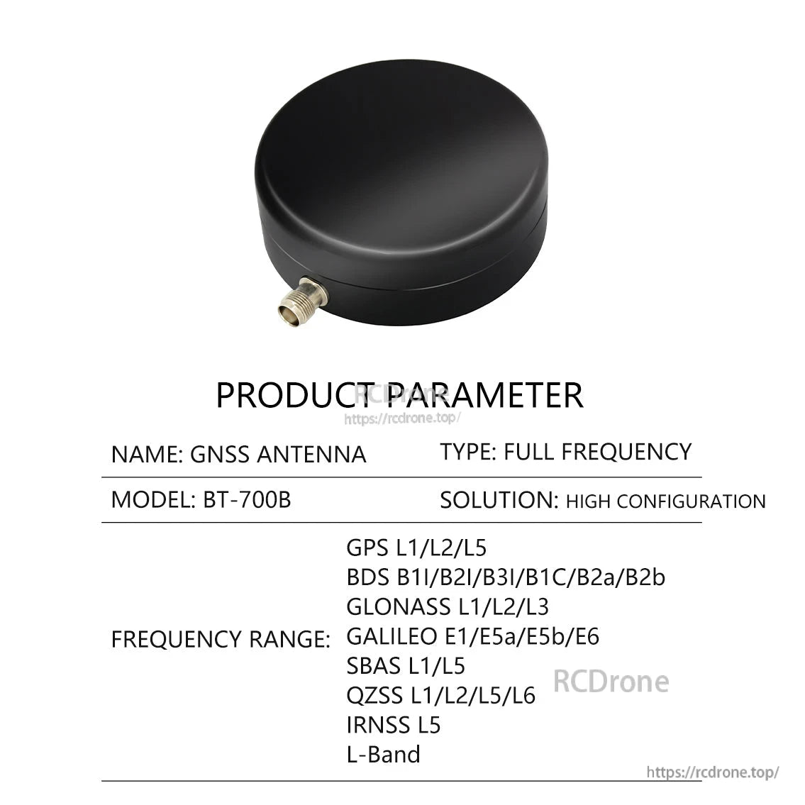 BT-700B product parameter table for full frequency GNSS antenna, listing GPS/BDS/GLONASS/GALILEO bands