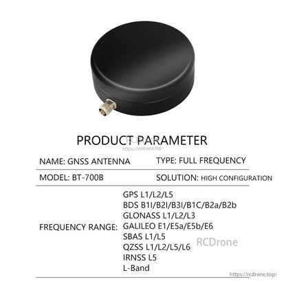 BT-700B product parameter table for full frequency GNSS antenna, listing GPS/BDS/GLONASS/GALILEO bands