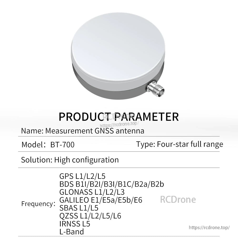 BT-700 product parameter table for measurement GNSS antenna, listing supported constellations and L-band