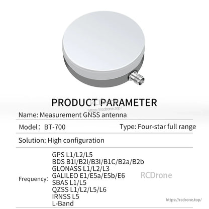BT-700 product parameter table for measurement GNSS antenna, listing supported constellations and L-band